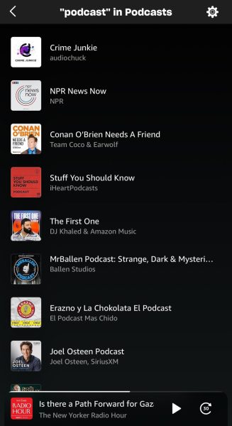 A few of the many podcasts available via Amazon Music.